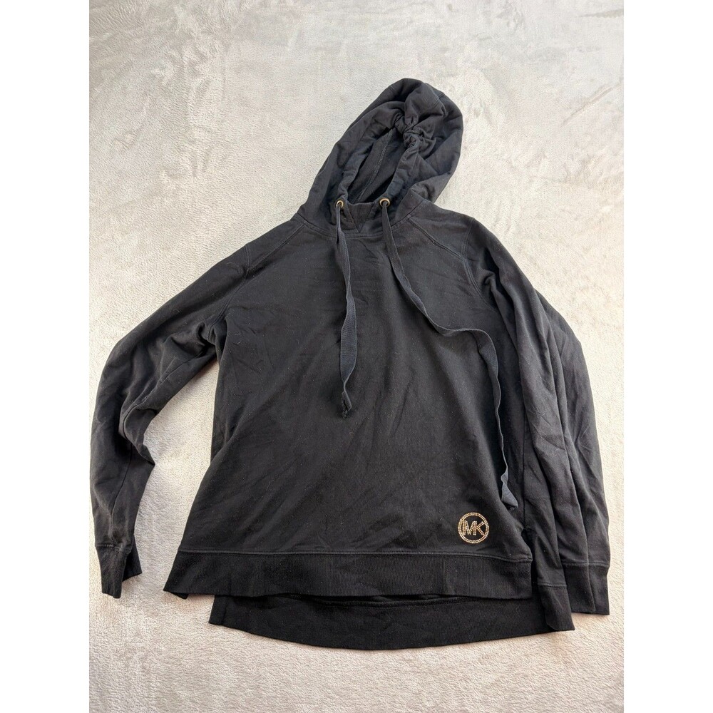 Michael Kors Pullover Hoodie Womens Large Black Gold Logo Drawstring Casual